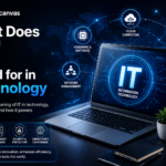 What does IT stand for in technology concept showing Information Technology, computing devices, cloud networking, cybersecurity, and digital communication icons.