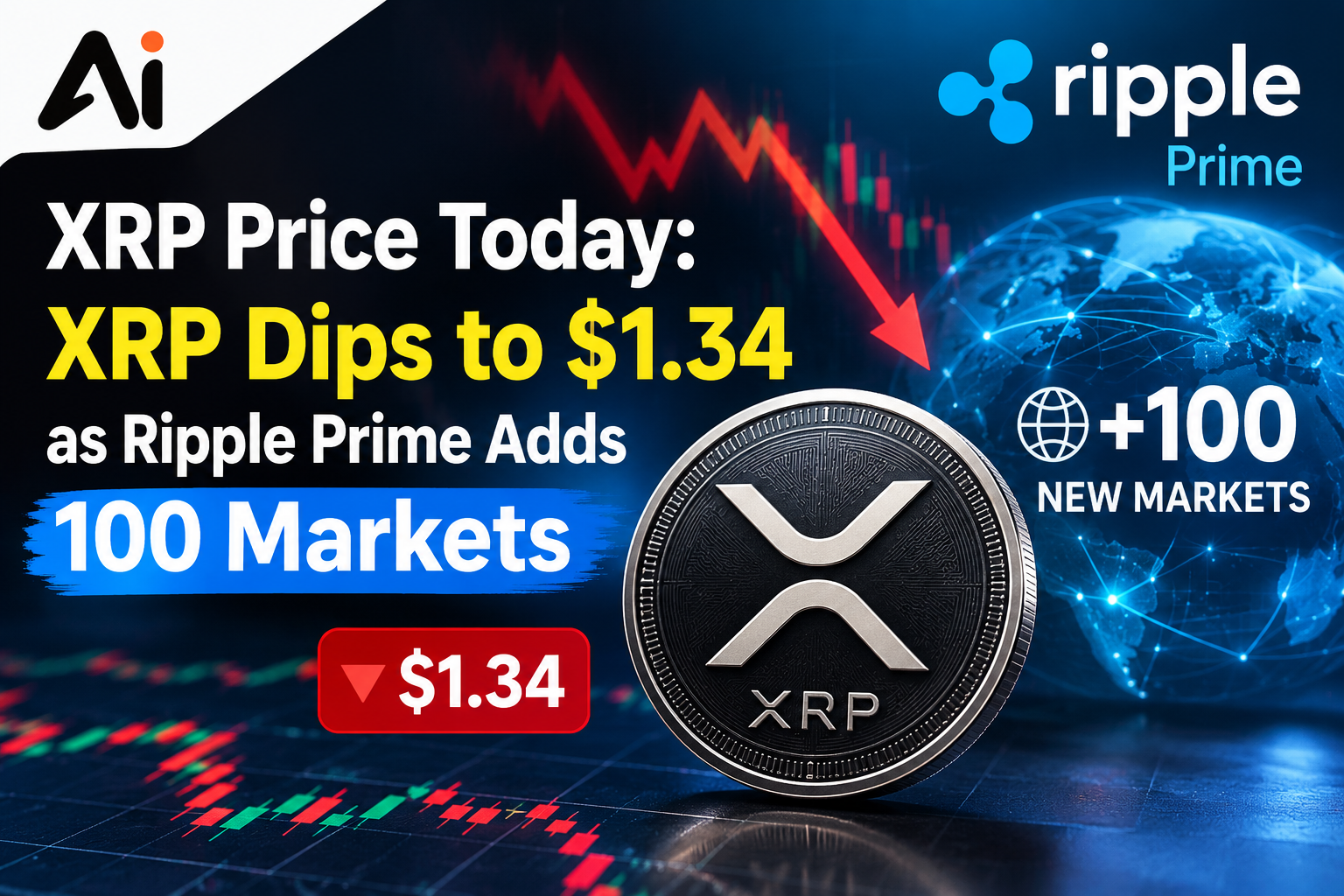 XRP Price Today: XRP Dips to $1.34 as Ripple Prime Adds 100 Markets